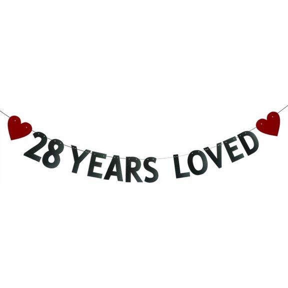 28 Years Loved BannerPre-Strung28th Birthday/Wedding Anniversary Party Decorations SuppliesBlack Glitter Paper Garlands Backdrops, Letters Black