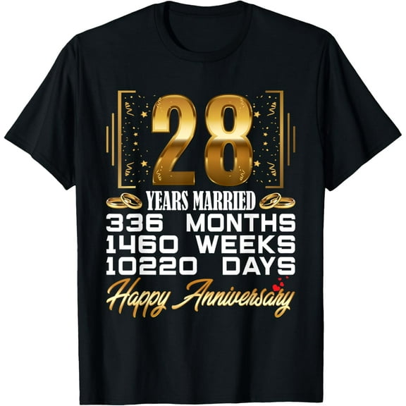 28 Years Married - Funny 28th Wedding Anniversary T-ShirtMen and women, Black T-shirt, size: Extra large S-4XL