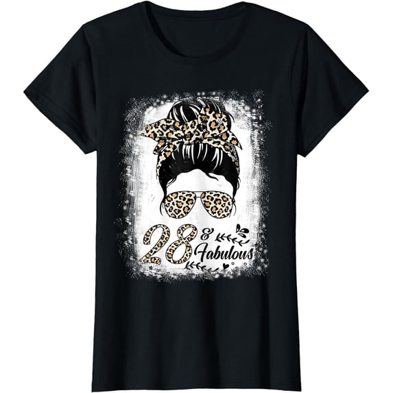 28 Years Old Fabulous Messy Bun Leopard 28th Birthday T-Shirt