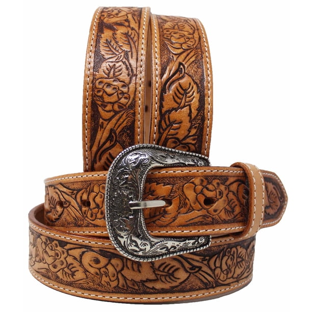 Vintage 90’s Y2K Floral Engraved Silver Tone Buckle & Tooled Brown Leather Belt Vintage Brown Leather Belt: Embossed Floral Design, Silver  main image 3