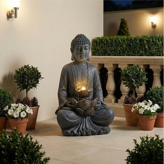 28 Zen-Style Meditating Buddha Led Waterfall Fountain, 1 LED Warm Lights Lit Up The Fountain Appearance, 6-Foot Power Cord