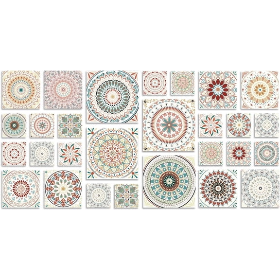 28 count Moroccan Backsplash Wall Tile Stickers Peel and Stick with Mandala , Vinyl DIY Wall Stickers Stick  Kitchen  Bathroom Laundry RV Backsplash Tile Decor