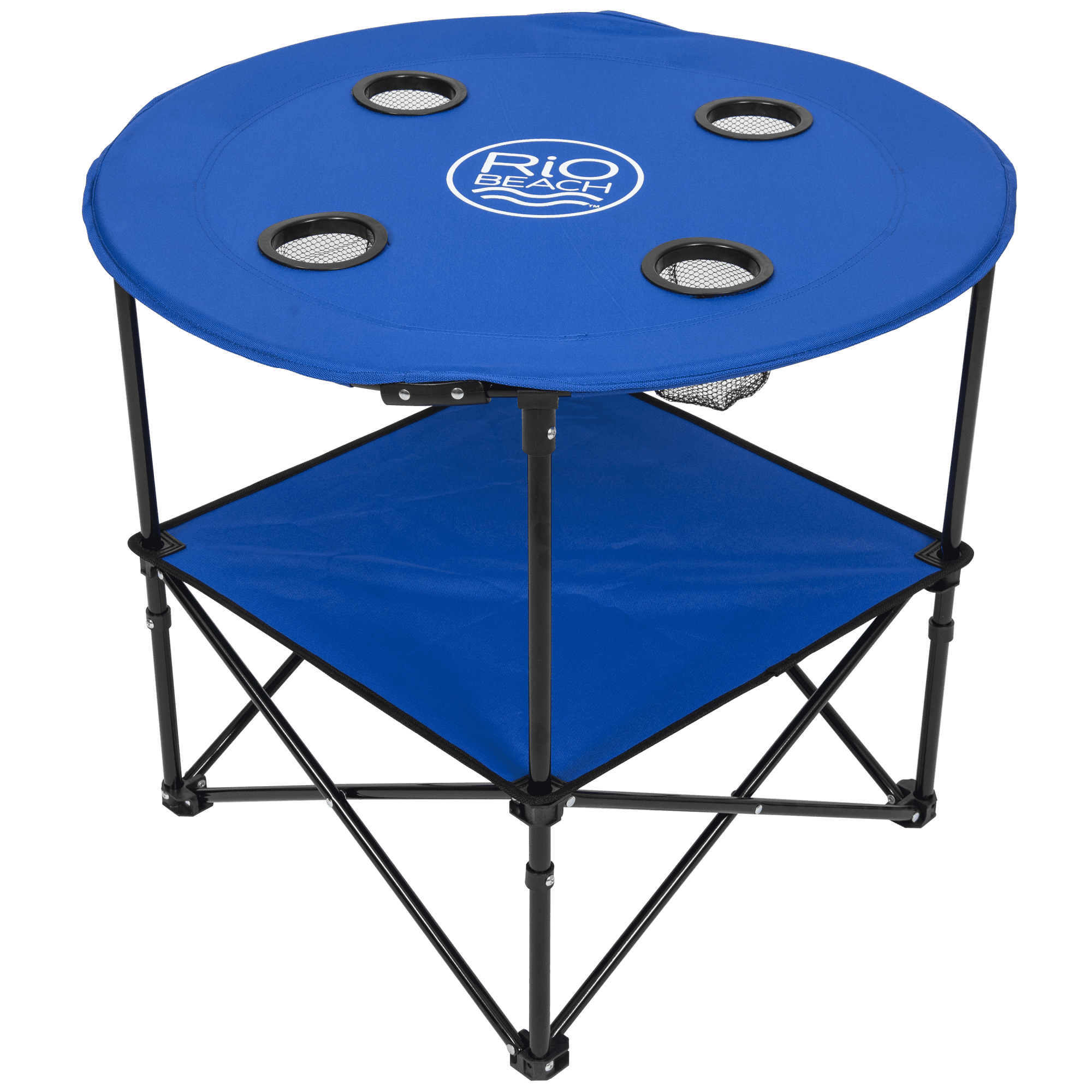 28" Blue Steel Round Folding Portable Beach Table with Cupholders