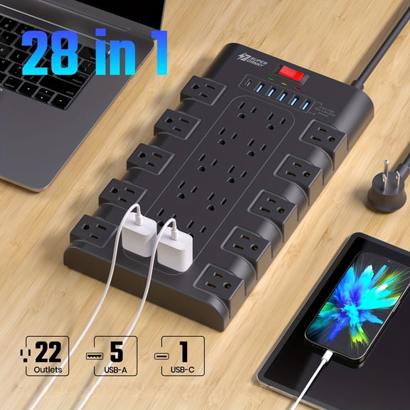 28-in-1 Surge Protector Power Strip with Control Switch, Multiple AC Outlets and USB Ports, Wall-Mountable Extension Cord with Overload Protection for Home