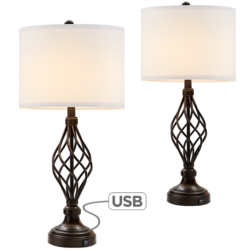 28 in. Bronze Table Lamps Set with White Linen Shade and USB Ports
