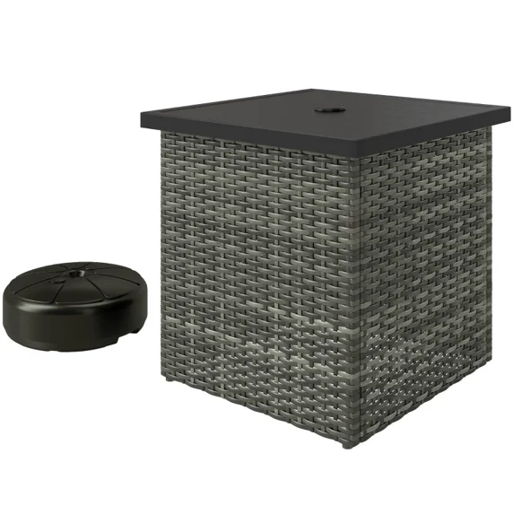 28 in. Gray Square Wicker End Table with Umbrella Base, All Weather PE ...
