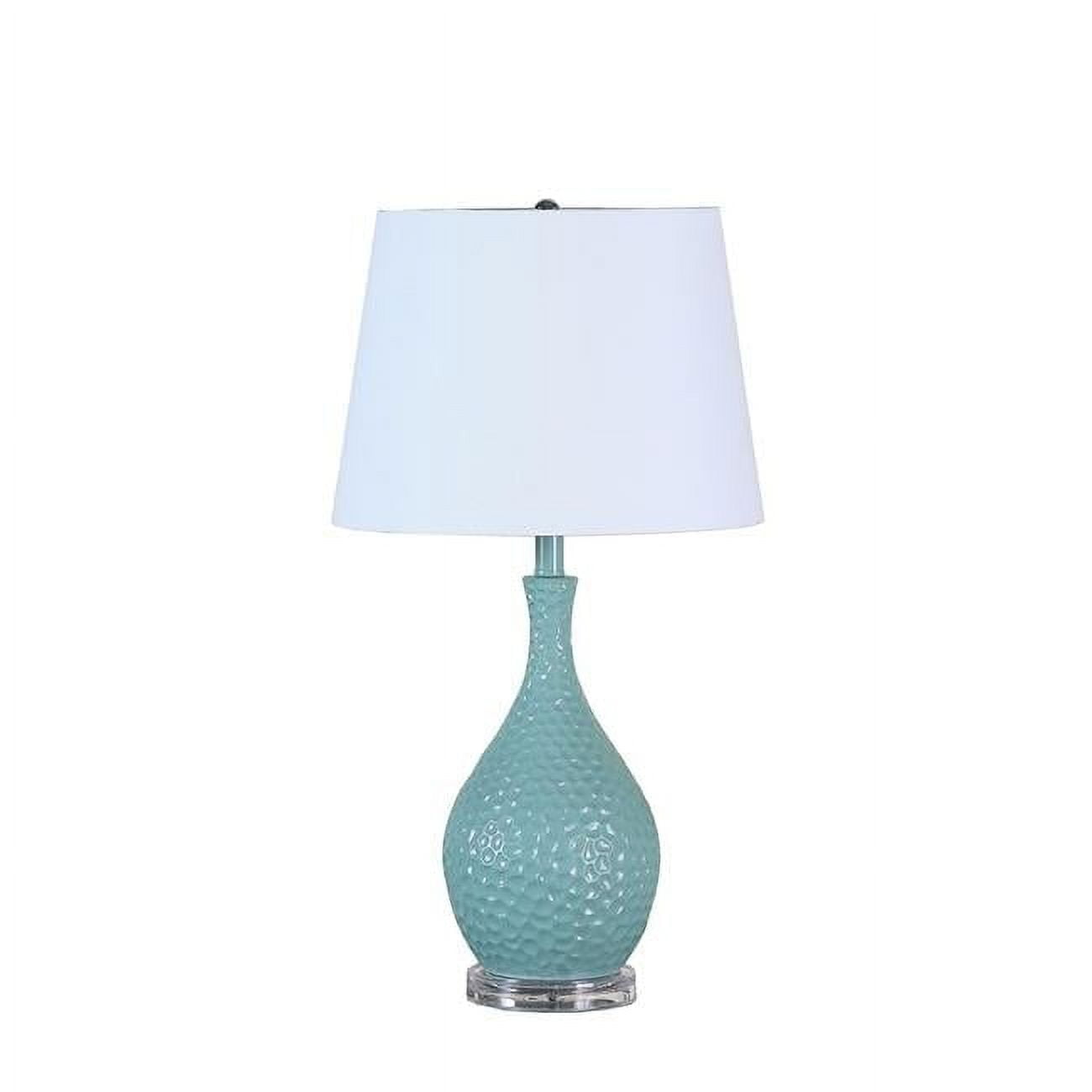 28 in. Hammered Urn Table Lamp with White Tapered Drum Shade, Aqua