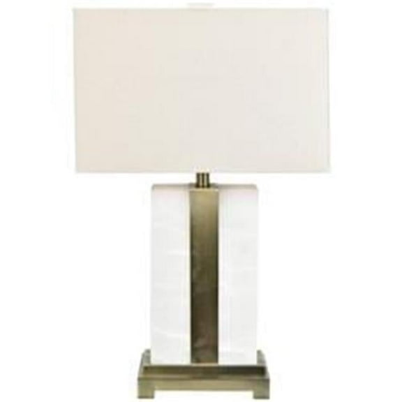 28 in. Steart Table Lamp with Oatmeatl Linen Shade, Alabaster & Brass Finish - Metal