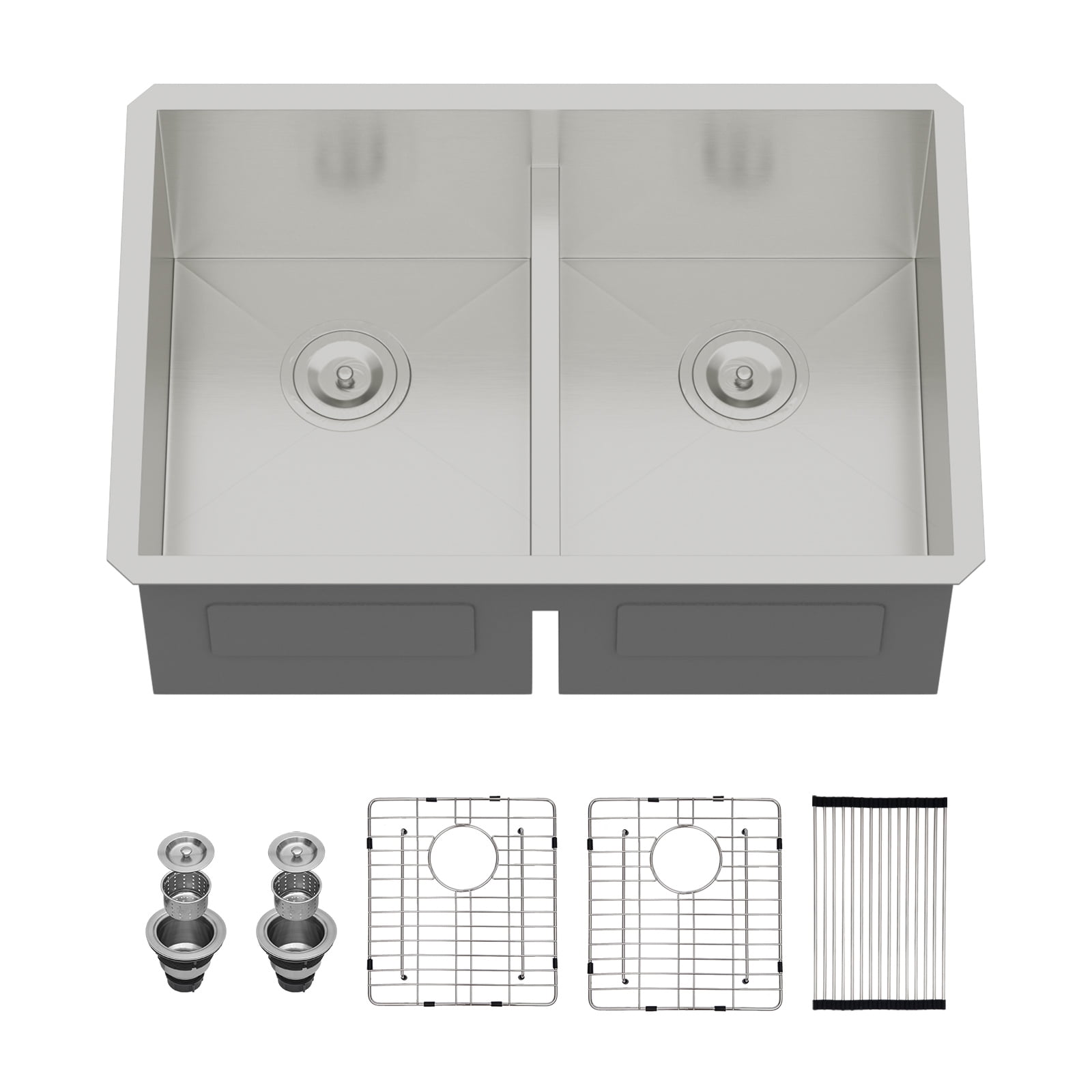 28 in. Undermount 50/50 Double Bowl 16 Gauge T304 Stainless Steel Low Divided Kitchen Sink with 2Pcs Bottom Grids/Drains