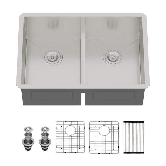 28 in. Undermount 50/50 Double Bowl 16 Gauge T304 Stainless Steel Low Divided Kitchen Sink with 2Pcs Bottom Grids/Drains