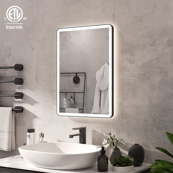 28 in. W x 20 in. H Rectangular Corner-round Border Ultra-bright LED Wall-mounted Bathroom Vanity Mirror in Matte Black