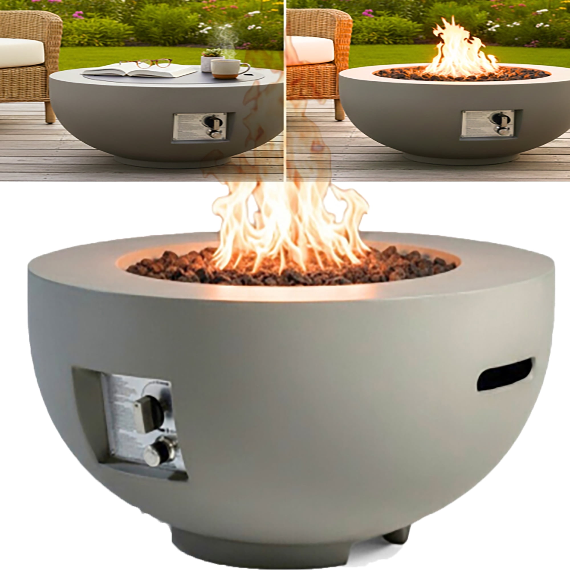 28-inch 40,000 BTU Outdoor Propane Fire Pit Table ,Garden Patio Round Fire Bowl Gas Fire Pit with Lid, Lava Rocks, Rain Cover Gray