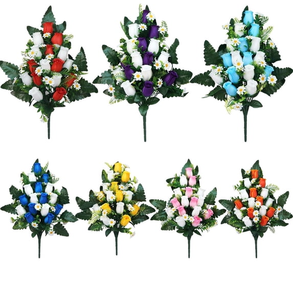 28-inch Artificial Cemetery Rose Bouquet with Vase Holder - Fade-Resistant Memorial Flowers for Graveside, Memorial Day & Remembrance - Yellow & White