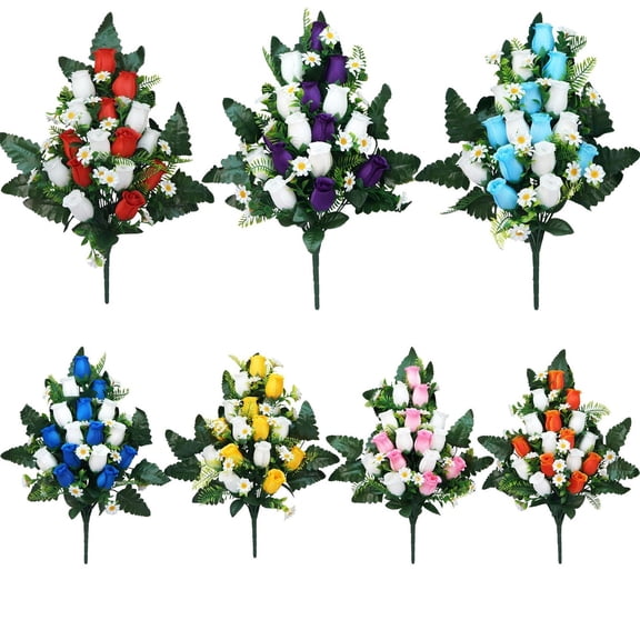 28-inch Artificial Cemetery Rose Bouquet with Vase Holder - Fade-Resistant Memorial Flowers for Graveside, Memorial Day & Remembrance - Yellow & White
