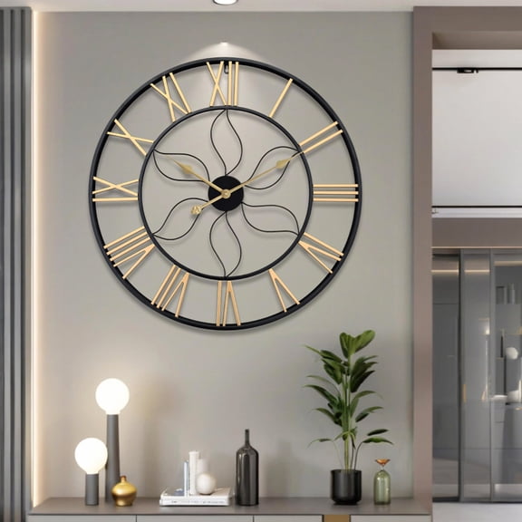 28 inch Black & Gold Thickened Metal Hollow Wall Clock - Roman Numeral Silent,Living Room/Bedroom/Hallway Decor Modern Minimalist Metal Wall Watch