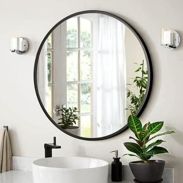 28 inch Black Round Mirror, Wall Mounted Bathroom Mirror with Metal Frame, Modern Home Decor