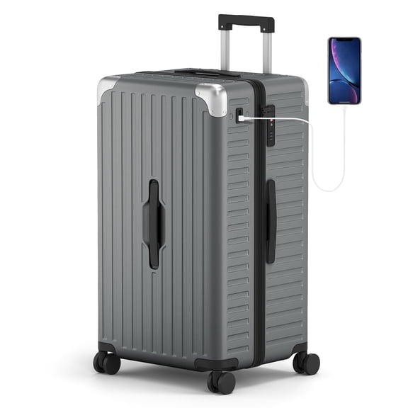 SUMMIT LIVING 28 inch Checked Luggage, Hardshell Trunk Suitcase with Lightweight PC, Aluminum Handle & Protector, TSA locks, Spinner Wheels, USB Charging Port, Dark Gray