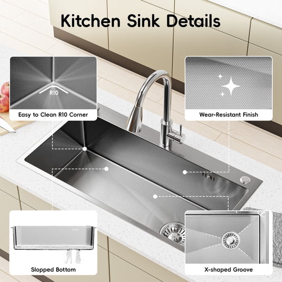 AMENDPATURE 28-inch Drop-In Kitchen Sink,Stainless Steel with Nano-Coating,Single Bowl,Including Accessories,Net Content: 15LB