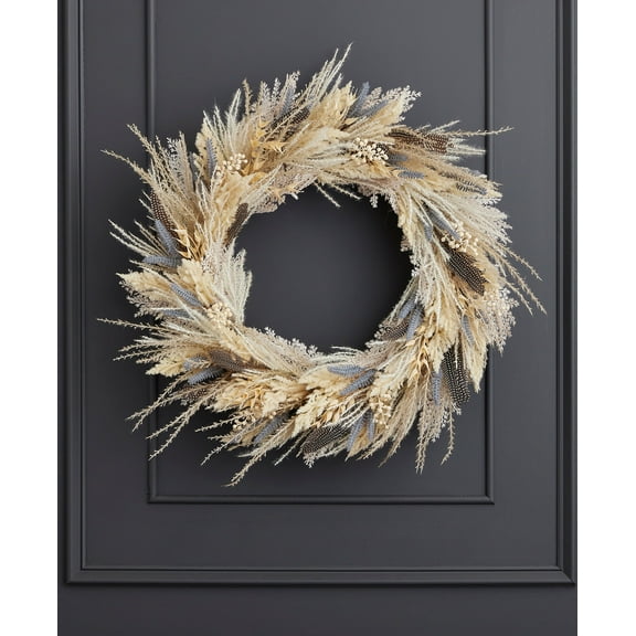 28 inch Fall Fields Wreath with Blue Floral, Feathers and Pampas, Floral Home Dcor, Indoor Decoration, Front Door Display - by Seasonal LLC