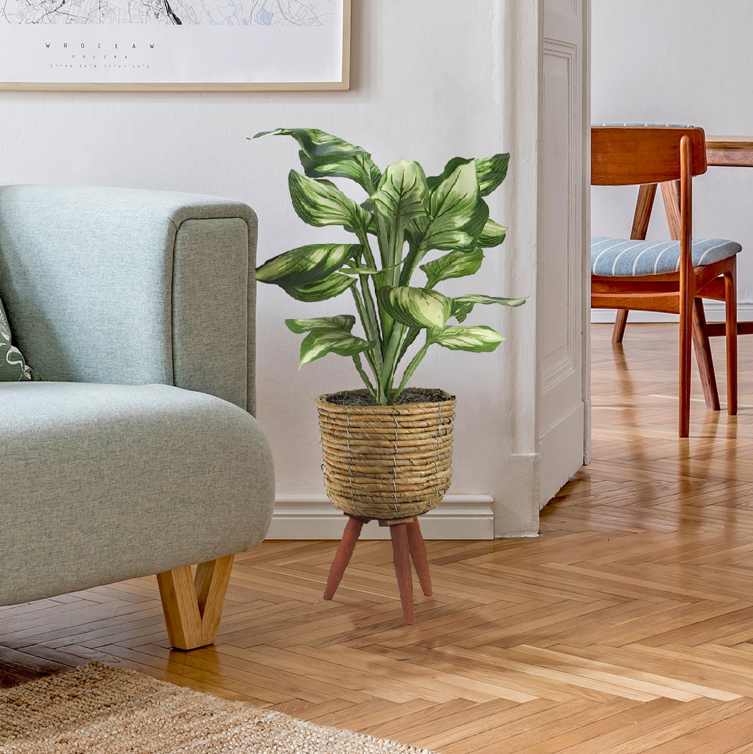 LCG Florals Artificial Plant, Faux Designer Hosta Plant, 28in, Modern Brown Basket Stand, Artificial Indoor Plant for Living Room, Office, & Home Décor