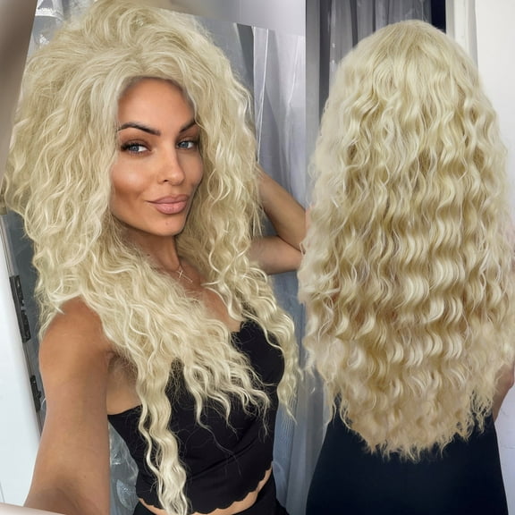 28 inch Long Blonde Curly Wigs for Women #613 Color Full Wig in Synthetic Hair