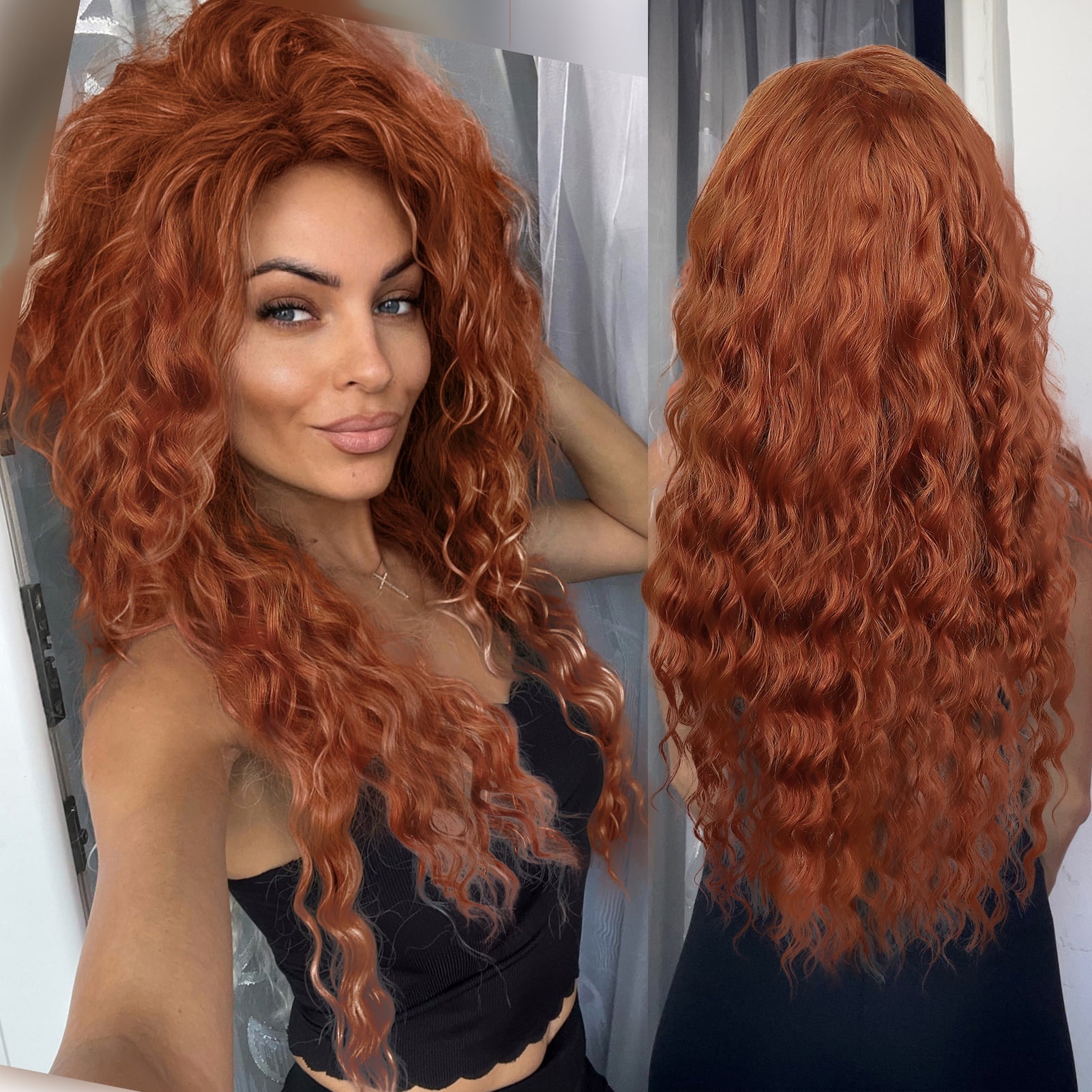 28 inch Long Dark Copper Wigs for Women Auburn Color Curly Wig in Synthetic Hair