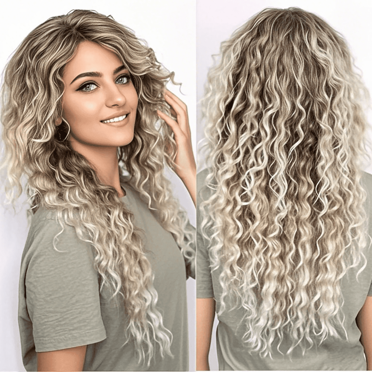 28 inch Long Ombre Blonde Curly Wigs for Women Gradient Color Ash Blonde Wig in Synthetic Hair