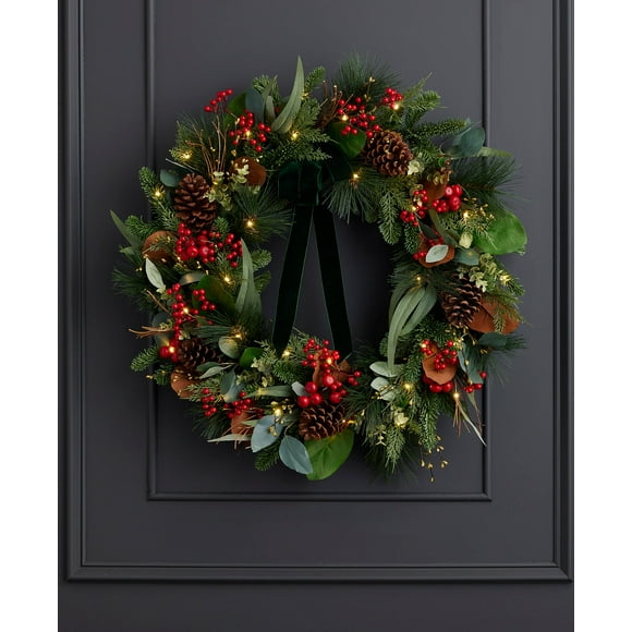 28 inch Magnolia Leaf, Eucalyptus, and Red Berry Wreath, Pre-Lit with LED Fairy Lights, Artificial Christmas Indoor Home Décor, Front Door Display, Battery-Operated - by Seasonal LLC