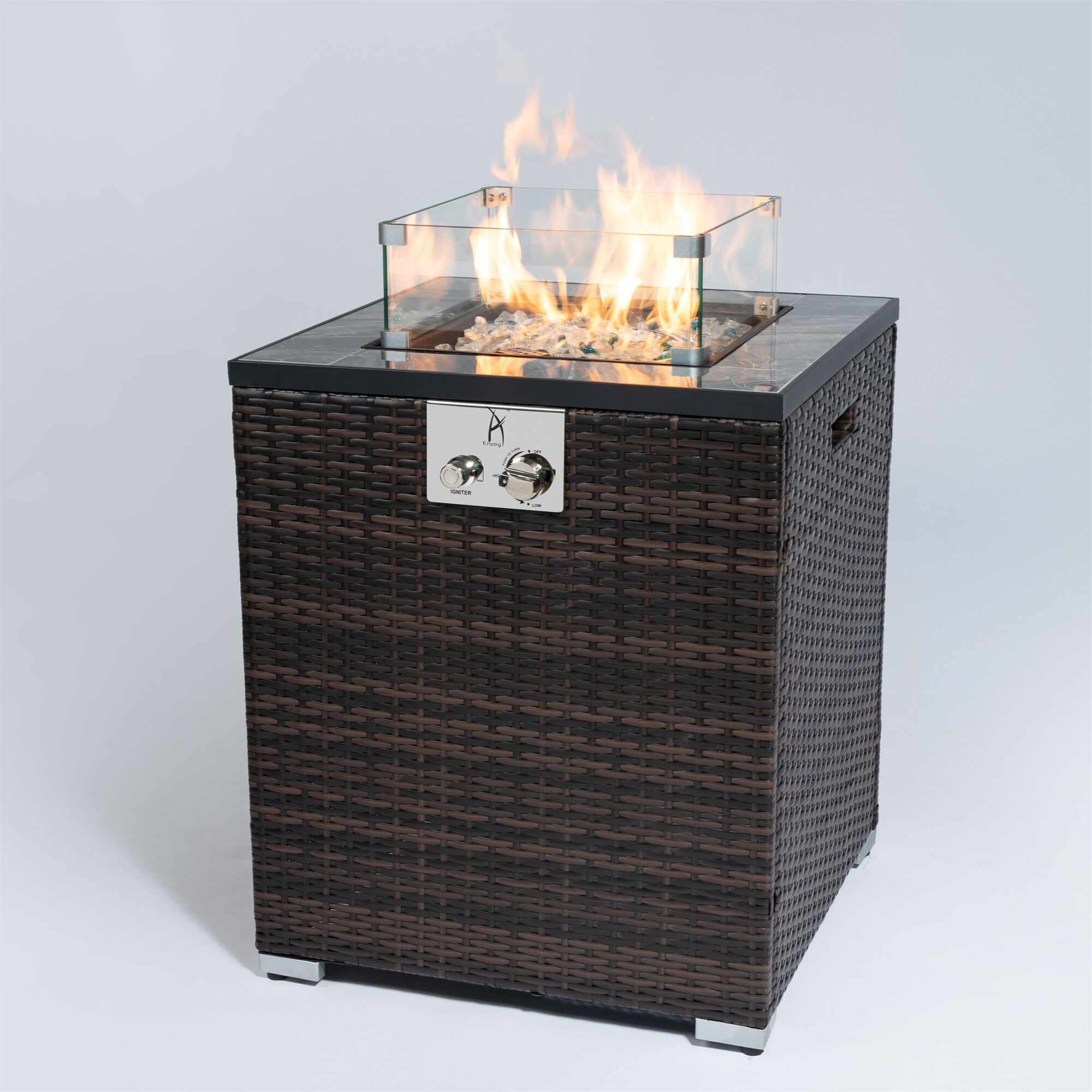 28 Inch Dark Brown Wicker Gas Fire Pit Table