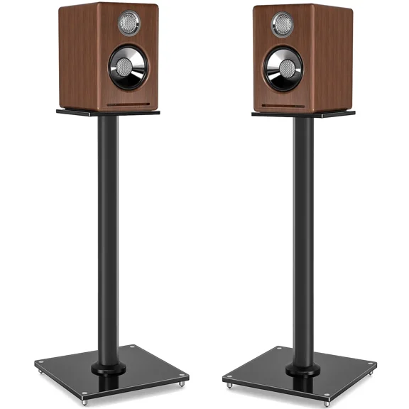 28 inch Speaker Stands Pair with Tempered Glass Base, Holds up to 22 LBS, Universal Bookshelf Speaker Stand with Cable Management, Black