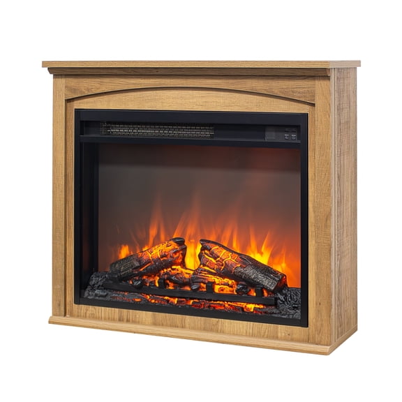 28 inch TV Media Entertainment Center with Electric Fireplace, Antique Brown Particle Board Console for Living Room, Space-Saving Fireplace TV Stand with Realistic Flame
