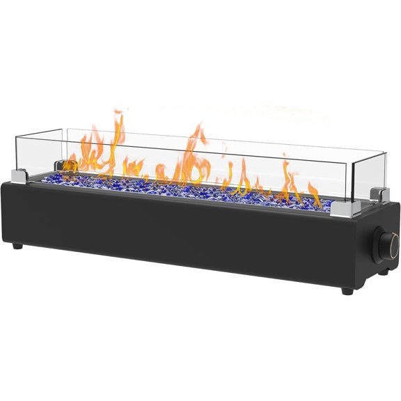 28-inch Table Top  Fire Pit, 40,000 BTU Tabletop Firepit for Patio, Outdoor Portable Rectangular Fire Bowl w/Wind Glass Shield, Glass Rocks - Black