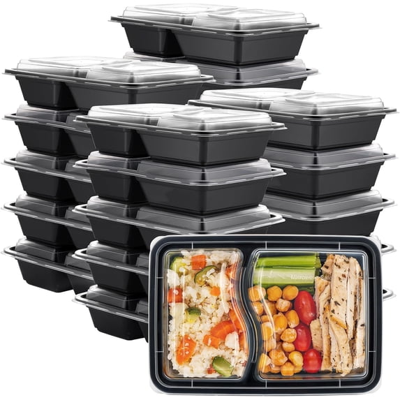 [28 oz - 50 Count 2 Compartment Meal Prep Containers Reusable - Microwaveable, Dishwasher and Freezer Safe, BPA-Free, Portion Control and Convenience Food Storage with Lids, Stackable