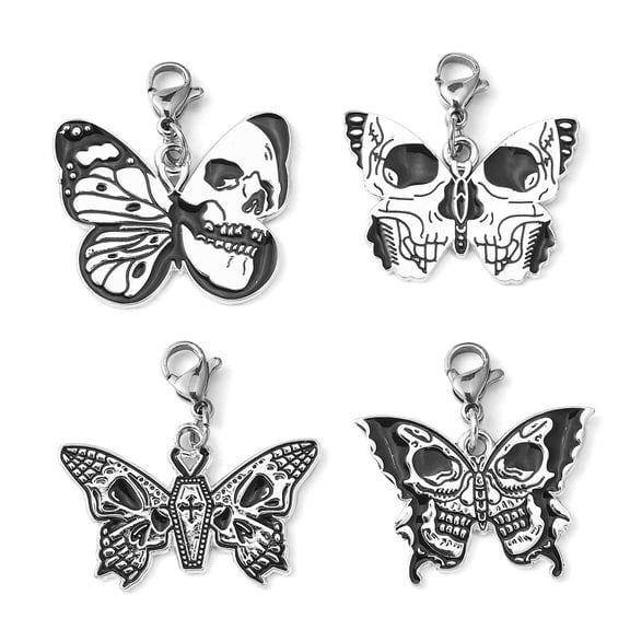 28 pc Alloy Enamel Pendant Decorations with 304 Stainless Steel Lobster Claw Clasps Butterfly with Skull Black 28~30mm