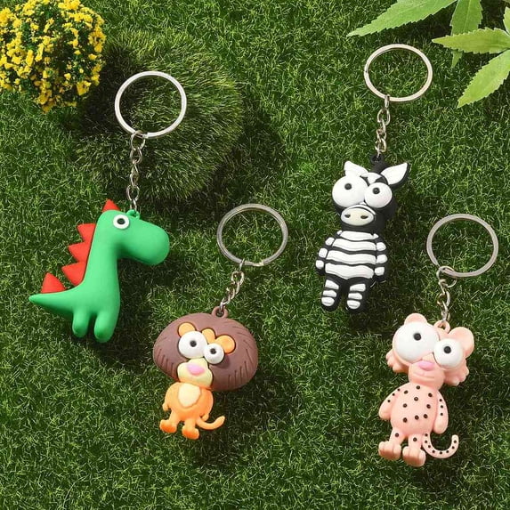 28 pc PVC Plastic Pendant Keychain with Platinum Plated Iron Split Key Rings Zebra/Leopard/Lion/Dinosaur Mixed color 10.5~12.6cm