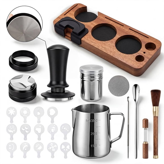 28-piece 51mm Espresso Accessories Kit  Machine Tools With Wood Tamping Station Tamper Distributor Tool Dosing Funnel Milk Frothing Pitcher & Latte Art Set