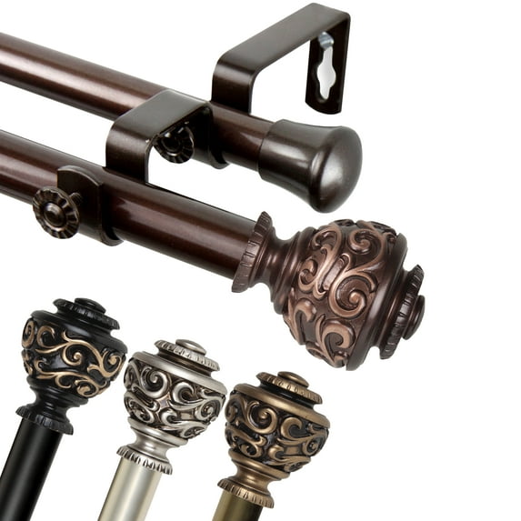 28" to 48" Adjustable 3/4" Dia Double Curtain Rod in Black with Ingo Finials,(4789-282)