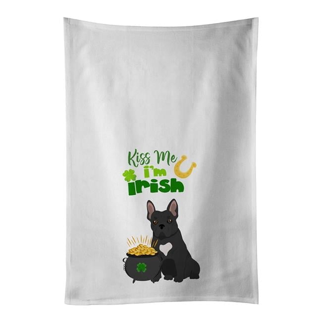 28 x 19 in. Black French Bulldog Saint Patricks Day White Kitchen Towel Dish Towels - Set of 2