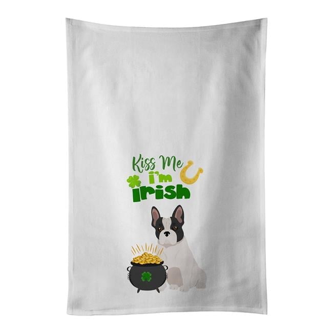 28 x 19 in. Black & White French Bulldog Saint Patricks Day White Kitchen Towel Dish Towels - Set of 2