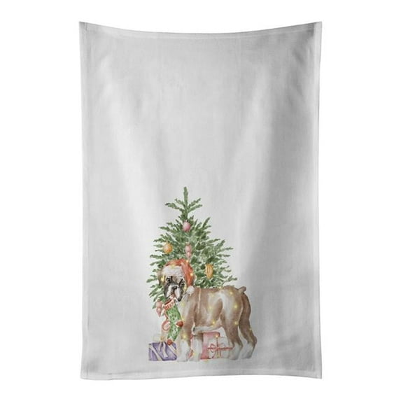 28 x 19 in. Unisex Boxer Puppy No.2 Christmas Presents & Tree White Dish Towels Kitchen Towel - Set of 2