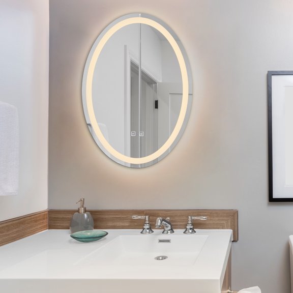 28 x 20 Inch Oval LED Bathroom Mirror, 3 Color Lights, Dimmable, Touch Control, AntiFog Wall Mounted Vanity Mirror