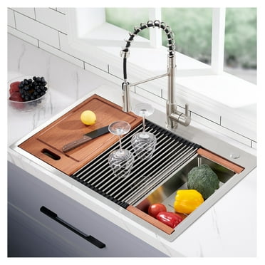 28 x 22 Drop In Stainless Steel Workstation Sink, 28 Inch 18-Gauge Stainless Steel Drop-In Kitchen Sink, Handmade Single Bowl Workstation R10 Rounded Corner kitchen Sink with Accessories