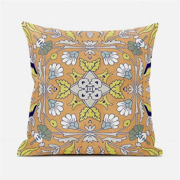 28 x 28 in. Venetian Flower Paisley Duo Broadcloth Indoor & Outdoor Blown & Closed Pillow - Orange & Yellow