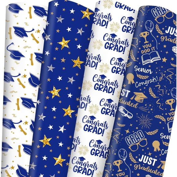 28 x 40 In Graduation Wrapping Paper Navy Gold Class of 2025 Graduation Cap Assorted Design, Folded Flat Gift Wrap Paper - 6 Jumbo Sheets for School College Congrats Grad Party Celebration