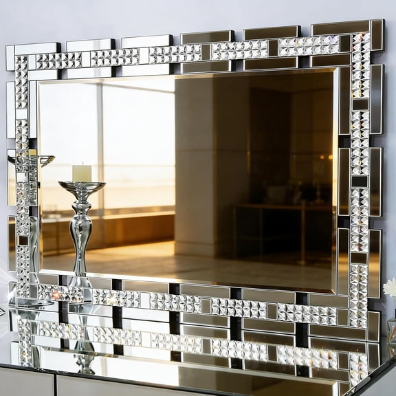 28" x 40" Large Living Room Mirror for Decor, Crystal Decorative Wall Mirror with Beveled Edge and Glass Frame, Rectangular Wall Decor for Home Office, Dining Room, Bathroom, Entryway