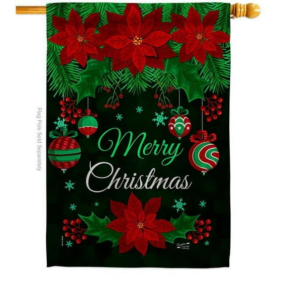 28 x 40 in. Poinsettia Ornaments House Flag with Winter Christmas Double-Sided Decorative Vertical Flags Decoration Banner Garden Yard Gift