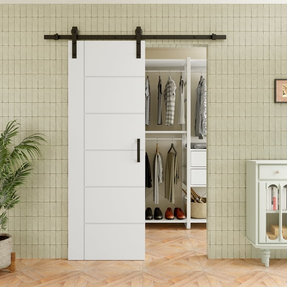 28" x 80" 6-Lite Modern Waterproof White Primed Solid Core Composite MDF Wood Sliding Barn Door With Hardware Kit