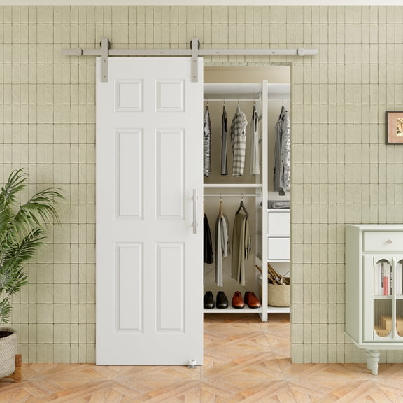28" x 80" 6-Lite Waterproof White Primed Solid Core Composite MDF Wood Sliding Barn Door With Hardware Kit