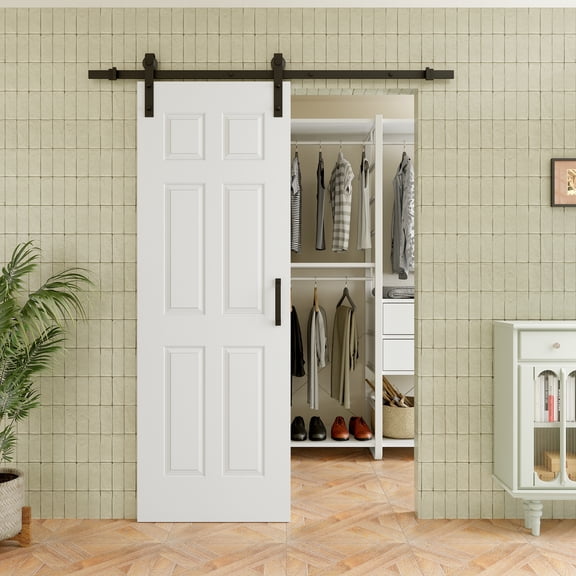 28" x 80" 6-Lite Waterproof White Primed Solid Core Composite MDF Wood Sliding Barn Door With Hardware Kit