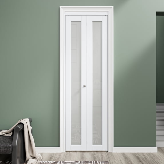28" x 80" Frosted Glass Bifold Doors with Hardware Kit & Knob, Solid Core MDF Wood, Interior Folding Door for Closet, Pantry Door, White Wood Texture Surface